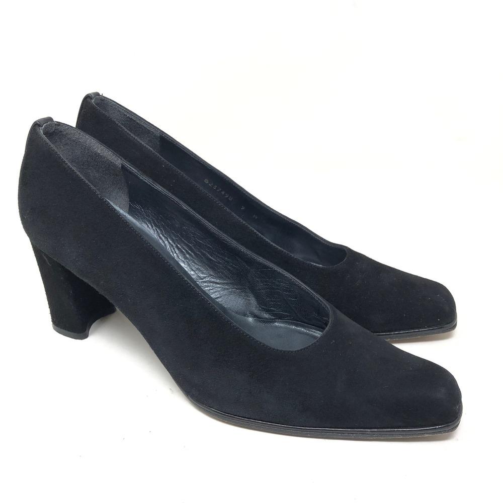 Vintage Stuart Weitzman Womens 9 Pumps Black Suede Block Heel Square Toe